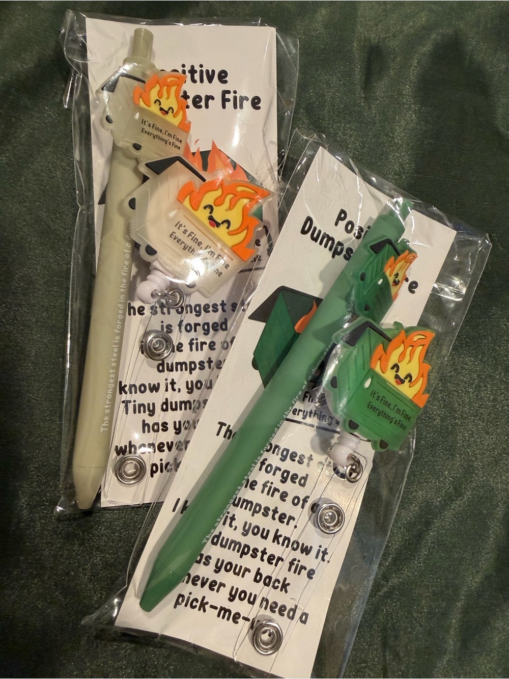 Dumpster Fire Novelty Pen with Matching Badge Reel - Beige & Green pack of 2